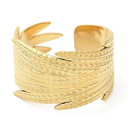 304 Stainless Steel Open Cuff Rings, Feather, Golden, US Size 7 1/4(17.5mm)(RJEW-K245-82G)