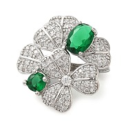 Brass Micro Pave Clear Cubic Zirconia with Glass Fold Over Clasps, Clover, Green, Platinum, 21x20x11mm(KK-G505-09P)