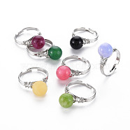 Adjustable Dyed Natural Quartz Finger Rings, with Platinum Brass Findings, Round, Mixed Color, US Size 9 1/4(19.1mm)(G-S359-302)