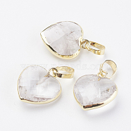 Natural Quartz Crystal Pendants, Rock Crystal Pendants, with Brass Findings, Faceted, Heart, Golden, 14~15x12~12.5x4.5~5.5mm, Hole: 4x6mm(G-G737-14A-G)