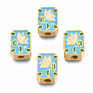 Rack Plating Alloy Enamel Beads, Cadmium Free & Lead Free, Matte Gold Color, Rectangle with Flower, Deep Sky Blue, 11.5x8.5x4mm, Hole: 2mm(ENAM-N056-036B)