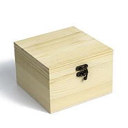 Unfinished Wooden Storage box, Natural Pinewood Gift Box, with Retro Iron Clasp, Square, Light Yellow, 15.5x15x10.1cm(CON-C008-05A)