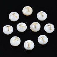 Natural Freshwater Shell Beads, with Golden Plated Brass Etched Metal Embellishments, Flat Round with Letter, Seashell Color, Letter.T, 6x4mm, Hole: 0.8mm(SHEL-S278-036T)