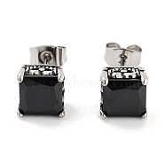 Square 316 Surgical Stainless Steel Pave Cubic Zirconia Stud Earrings for Women Men, Antique Silver, Black, 8x8mm(EJEW-Z050-03A-AS)