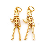 Halloween Brass Micro Pave Cubic Zirconia Pendants, with Jump Ring, Skeleton Man, Clear, Real 18K Gold Plated, 24x7.5x3mm, Hole: 3.5mm(ZIRC-G169-09G)