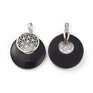 Synthetic Black Stone Pendants, Spiritual Charms, with Platinum Tone Brass Findings, Flat Round with Flower of Life/Sacred Geometry, 32~32.5x28~30x7~7.5mm, Hole: 5x8mm(KK-F751-M-A12)