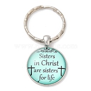 Half Round/Dome Alloy & Glass Pendant Keychain, with Split Key Rings, Word Sisters In Christ Are Sisters for Life, Turquoise, 5.8cm(KEYC-D020-02P-01)