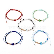 Adjustable Nylon Cord Braided Bead Bracelets, with Evil Eye Lampwork Beads, Textured Brass Beads and Frosted Glass Beads, Mixed Color, Inner Diameter: 2~4 inch(5.2~10.2cm)(BJEW-JB05792)