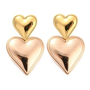 304 Stainless Steel Double Heart Dangle Stud Earrings for Women, Golden & Rose Gold, 32.5x20mm(EJEW-D076-01E-RG)