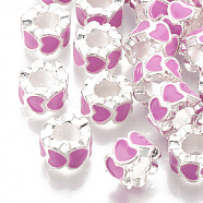 Alloy Enamel European Beads, Large Hole Beads, Column, Silver Color Plated, Hot Pink, 10x6mm, Hole: 5mm(X-MPDL-R011-06)