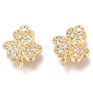 Brass Micro Pave Clear Cubic Zirconia Links Connectors, Long-Lasting Plated, Clover, Real 14K Gold Plated, 11x9x2.5mm, Hole: 0.7mm and 1mm(ZIRC-H116-03G)
