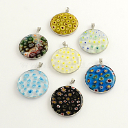 Handmade Millefiori Glass Pendants, with Platinum Tone Brass Findings, Flat Round, Mixed Color, 34x30x4mm, Hole: 4mm(LK-R006-02)