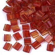 2-Hole Glass Seed Beads, Transparent Spray Painted, Two Tone, Rectangle, Orange Red, 5x4.5~5.5x2~2.5mm, Hole: 0.5~0.8mm(SEED-S023-40C-02)