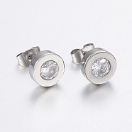 304 Stainless Steel Stud Earrings, with Cubic Zirconia, Flat Round, Stainless Steel Color, 9x3.5mm, Pin: 0.8mm(EJEW-H357-05P)