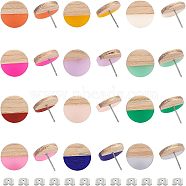 Resin & Wood Stud Earrings, with 304 Stainless Steel Pins and Iron Ear Nuts, Flat Round, Mixed Color, 15mm, Pin: 0.7mm, 12 colors, 1pair/color, 12pairs/box(DIY-OC0005-41P)