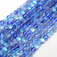 Synthetic Moonstone Beads Strands, Holographic Beads, Half AB Color Plated, Frosted, Round, Blue, 8mm, Hole: 1mm, about 46pcs/strand, 15 inch(G-F142-8mm-08)