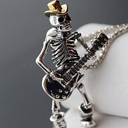 Alloy Pendant Necklaces, Skull with Guitar, Antique Silver, 23.62 inch(60cm)(PW-WG64395-01)