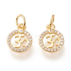 Brass Micro Pave Clear Cubic Zirconia Charms, with Jump Rings, Long-Lasting Plated, Flat Round with Aum/Om Symbol, Yoga Theme, Golden, 11x9x1.5mm, Hole: 3.7mm(ZIRC-I044-47G)