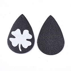 PU Leather Big Pendants, teardrop, with CloverPattern, Irish Charms, Black, 56x37x1.5mm, Hole: 1.2mm(FIND-S311-007A-A)