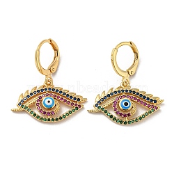 Real 18K Gold Plated Brass Dangle Leverback Earrings, with Enamel and Cubic Zirconia, Evil Eye, Colorful, 28x25mm(EJEW-A033-07G)