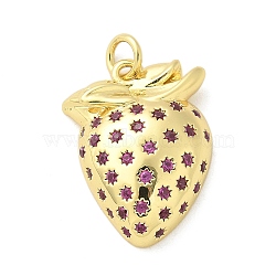 Brass Micro Pave Cubic Zirconia Pendants, Fruits, Rack Plating, Long-Lasting Plated, Lead Free & Cadmium Free, with Jump Ring, Real 18K Gold Plated, Strawberry, 21.5x16x5.5mm, Hole: 3mm(KK-S511-03C-G)