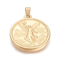 304 Stainless Steel Coin Pendants, Flat Round with Angel & Bird, Golden, 29x25.5x3.5mm, Hole: 5.5x4mm(STAS-I131-08G)