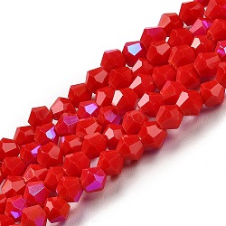 Opaque Solid Color Imitation Jade Glass Beads Strands, AB Color Plated, Faceted, Bicone, Red, 4x4mm, Hole: 0.8mm, about 87~98pcs/strand, 12.76~14.61 inch(32.4~37.1cm)(GLAA-F029-P4mm-D02)