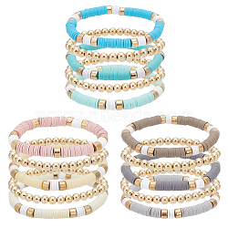 3 Sets 3 Colors Polymer Clay Heishi Surfer Stretch Bracelets Set, Alloy Beaded Stackable Bracelets for Women, Mixed Color, Inner Diameter: 1-1/2~2 inch(3.95~4.95cm), 5Pcs/set, 1 Set/color(BJEW-AN0001-30)