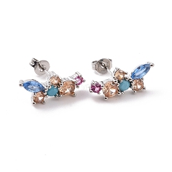 Colorful Cubic Zirconia Flower Stud Earrings, Rack Plating Brass Jewelry for Women, Cadmium Free & Lead Free, Platinum, 7x17mm, Pin: 0.7mm(EJEW-C030-03P)