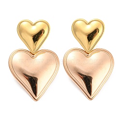 304 Stainless Steel Double Heart Dangle Stud Earrings for Women, Golden & Rose Gold, 32.5x20mm(EJEW-D076-01E-RG)