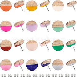 Resin & Wood Stud Earrings, with 304 Stainless Steel Pins and Iron Ear Nuts, Flat Round, Mixed Color, 15mm, Pin: 0.7mm, 12 colors, 1pair/color, 12pairs/box(DIY-OC0005-41P)