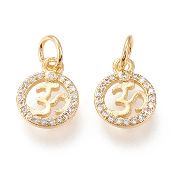Brass Micro Pave Clear Cubic Zirconia Charms, with Jump Rings, Long-Lasting Plated, Flat Round with Aum/Om Symbol, Yoga Theme, Golden, 11x9x1.5mm, Hole: 3.7mm