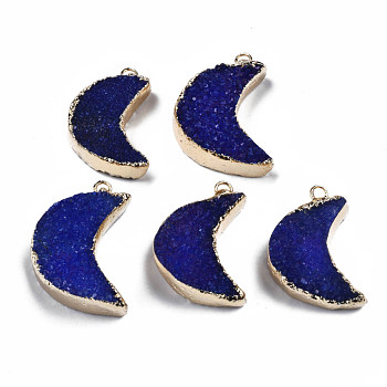 Natural Druzy Agate Pendants, Dyed, with Golden Plated Brass Edge and Loop, Moon, Dark Blue, 28~31.5x21~22.5x7.5~10.5mm, Hole: 2mm