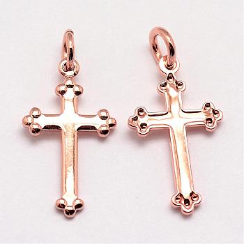 Brass Pendants, Cross, Cadmium Free & Nickel Free & Lead Free, Real Rose Gold Plated, 18x10x1mm, Hole: 3mm