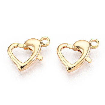 Brass Heart Lobster Claw Clasps, for Jewelry Making, Real 18K Gold Plated, 13x9x3mm, Hole: 1.6mm