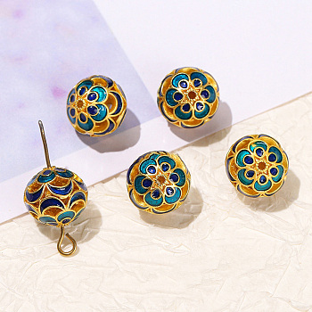 Brass Enamel Beads, Round with Flower, Marine Blue, 12mm