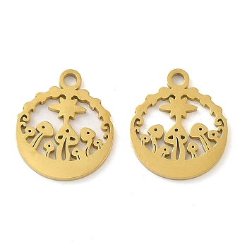 Ion Plating(IP) 304 Stainless Steel Charms, Laser Cut, Flat Round with Mushroom Charm, Golden, 14x12x1mm, Hole: 1.6mm