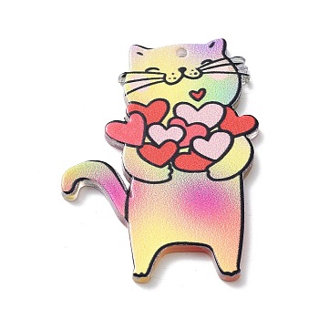 Valentine's Day Theme Acrylic Pendant, Cat, Colorful, 47x34x2.4mm, Hole: 1.6mm