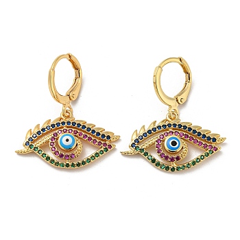 Real 18K Gold Plated Brass Dangle Leverback Earrings, with Enamel and Cubic Zirconia, Evil Eye, Colorful, 28x25mm
