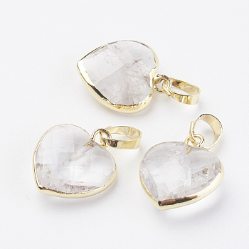 Natural Quartz Crystal Pendants, Rock Crystal Pendants, with Brass Findings, Faceted, Heart, Golden, 14~15x12~12.5x4.5~5.5mm, Hole: 4x6mm