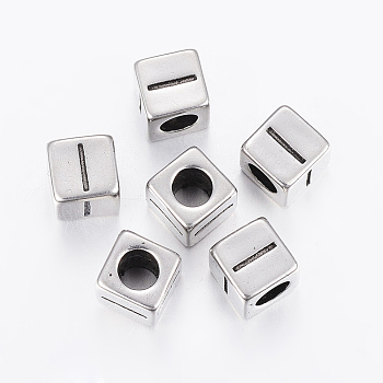 304 Stainless Steel Large Hole Letter European Beads, Cube with Letter.I, Antique Silver, 8x8x8mm, Hole: 5mm