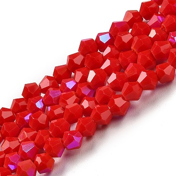 Opaque Solid Color Imitation Jade Glass Beads Strands, AB Color Plated, Faceted, Bicone, Red, 4x4mm, Hole: 0.8mm, about 87~98pcs/strand, 12.76~14.61 inch(32.4~37.1cm)