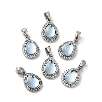 Brass Micro Pave Clear Cubic Zirconia Teardrop Charms, with Resin, Real Platinum Plated, 14.5x10x5mm, Hole: 4.5x2.5mm