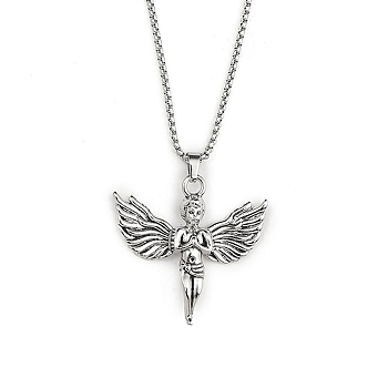 201 Stainless Steel Chain, Zinc Alloy Pendant Necklaces, Angel, Antique Silver & Stainless Steel Color, 23.46 inch(59.6cm)