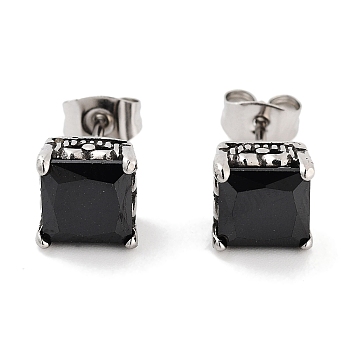 Square 316 Surgical Stainless Steel Pave Cubic Zirconia Stud Earrings for Women Men, Antique Silver, Black, 8x8mm