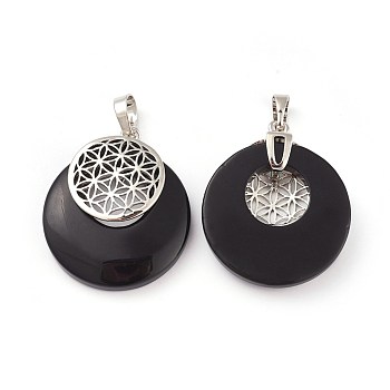 Synthetic Black Stone Pendants, Spiritual Charms, with Platinum Tone Brass Findings, Flat Round with Flower of Life/Sacred Geometry, 32~32.5x28~30x7~7.5mm, Hole: 5x8mm
