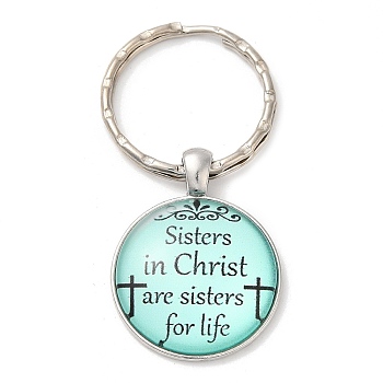 Half Round/Dome Alloy & Glass Pendant Keychain, with Split Key Rings, Word Sisters In Christ Are Sisters for Life, Turquoise, 5.8cm