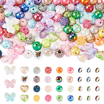 140Pcs 5 Styles UV Plating Opaque Acrylic Beads, Iridescent, Brass Grade A Rhinestone Spacer Beads, Resin Rhinestone Beads, Mixed Shapes, Mixed Color, 8~24x15.5~29x3.8~14.5mm, Hole: 1.5~2.5mm