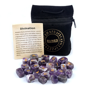 25Pcs Rectangle with Elder Futhark Alphabet Engraved Symbol Natural Amethyst Rune Stones, Divination Stone, with Flannelette Bag, 105x80mm