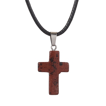 Natural Mahogany Obsidian Cross Pendant Necklaces, with Imitation Leather Cords, 17.80 inch(45.2cm)
